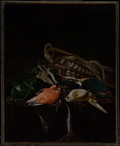 Martwa natura z martwymi ptakami i torbą na dziczyznę autorstwa Willem van Aelst
