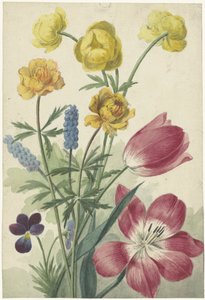 Bukiet tulipanów, fiołków, hiacyntów i kropek