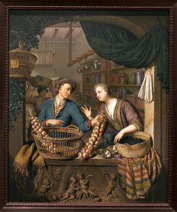 Sprzedawca cebuli. Obraz Willema van Mierisa (1662-1747), olej na drewnie
