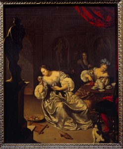 Kobiety szlachty holenderskiej pijące herbatę. Obraz Willema van Mierisa (1662-1747) (ec.hol.) XVIII w. Nd. 0,42x0,34 m²