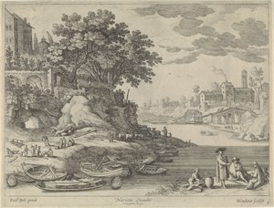 Port z łodziami wiosłowymi, figurkami i żywym inwentarzem autorstwa Willem van Nieulandt (II)