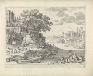 Port z łodziami wiosłowymi, figurkami i żywym inwentarzem autorstwa Willem van Nieulandt (II)