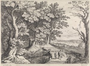 Krajobraz z Abrahamem i Izaakiem Włoskie pejzaże (tytuł serii) autorstwa Willem van Nieulandt (II)