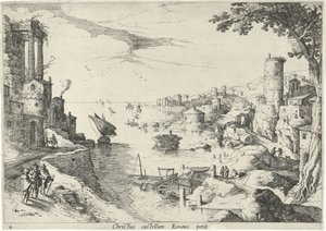Krajobraz z podróżnikami Emaus Christ castellum Emaus petit (tytuł na obiekcie) Włoskie pejzaże ze scenami biblijnymi (tytuł serii) autorstwa Willem van Nieulandt (II)