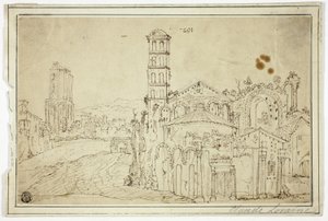 Widok w Rzymie: Torre della Melisa, ruiny wczesnochrześcijańskiego kościoła autorstwa Willem van Nieuwlandt II