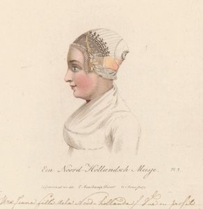 Nakrycie głowy dziewczyny z Holandii Północnej, 1816 A North Holland Girl / Une Jeune fille de la Nord-hollande / Vue en profil (tytuł na obiekcie)