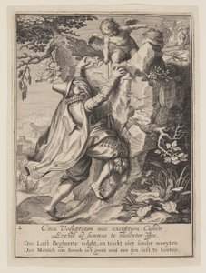 Młody mężczyzna wspinający się po zboczu wzgórza z pomocą Kupidyna, z Alegorii niewłaściwego wykorzystania dóbr doczesnych autorstwa Willem van Swanenburgh