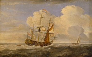 Holenderski okręt flagowy przed wiatrem, koniec XVII - początek XVIII wieku (olej na panelu) autorstwa Willem van de II (follower of) Velde
