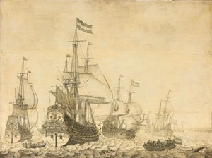 Pejzaż morski z holenderskimi wojownikami, w tym Drenthe i księciem Fryderykiem-Henrym autorstwa Willem van de Velde (I)