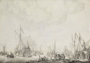 Jachty królewskie i państwowe, prawdopodobnie przybycie Karola II z Anglii do Moerdijk, 1660 r autorstwa Willem van de Velde (I)