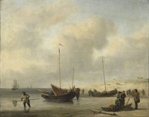 Łodzie rybackie na brzegu (brzeg, rozładunek kutra rybackiego) autorstwa Willem van de Velde (II)