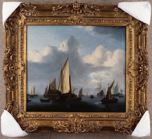 Pejzaż morski z jachtem stanowym i inną żeglugą w spokoju, 1654 r autorstwa Willem van de Velde