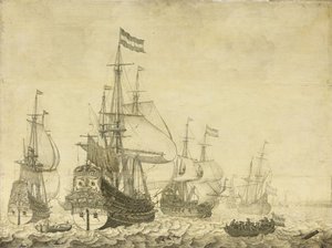 Pejzaż morski z holenderskimi wojownikami, w tym Drenthe i księciem Fryderykiem-Henrym, ok. 1670 (malarstwo na desce) autorstwa Willem van de Velde