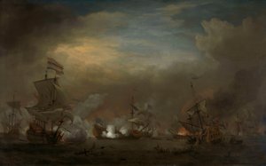 Nocna bitwa morska pomiędzy Cornelisem Trompem na Gouden Leeuw a Sir Edwardem Spragge na Royal Prince autorstwa Willem van de Velde the Younger