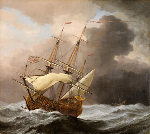 Angielski statek Hampton Court podczas wichury, 1678-1680.