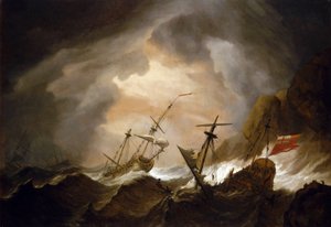 Dwa brytyjskie statki rozbijają się podczas sztormu w pobliżu skalistego wybrzeża. Olej na płótnie, około 1700 roku, autorstwa Willema van de Velde (1633-1707).