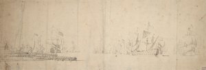 Holenderska flota wypływająca z molo, ok. 1665 (grafit, szare pranie) autorstwa Willem van de the Elder Velde