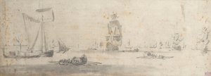 Galileot w lekkim wietrze i kilka barek, ok. 1681 r. (grafit, szare pranie) autorstwa Willem van de the Elder Velde