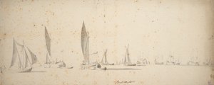 Łódź zanurzona, wijdschips i waterschips na lekkim wietrze, ok. 1664 (grafit, szara farba) autorstwa Willem van de the Elder Velde