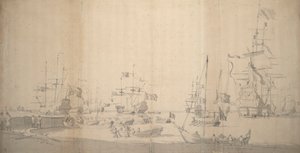 Weyschuit wyciągany na brzeg w zatłoczonym porcie, ok. 1672 r. (grafit)