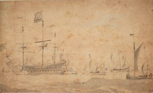 Angielski okręt flagowy na kotwicy, prawdopodobnie w czerwcu 1673 r., ok. 1673 r. (szare płótno) autorstwa Willem van de the Elder Velde