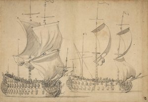 Angielska trzecia i czwarta klasa pod łatwym żaglem, ok. 1677 (ołówek, pył)