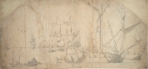 Angielski jacht na kotwicy zwijający żagiel autorstwa Willem van de the Elder Velde
