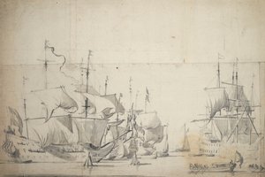 Holenderskie okręty bojowe suszące żagle, ok. 1658 r. (grafit, szare pranie) autorstwa Willem van de the Elder Velde