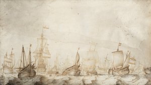Holenderskie statki do połowu śledzia na Morzu Północnym. Rysunek tuszem i tuszem (27,4x47,6 cm) autorstwa Williama van de Velde Starszego (ok. 1611-1693), ok. 1650 r. autorstwa Willem van de the Elder Velde