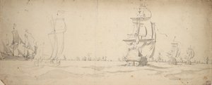 Holenderskie statki płynące w kierunku głównej floty, maj 1672, ok. 1672 (grafit, szary pył) autorstwa Willem van de the Elder Velde