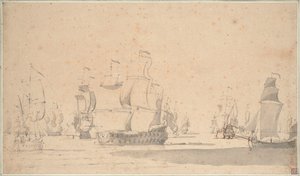 Angielskie statki, kecz i galeot przy lekkiej bryzie, czerwiec 1673, ok. 1673 (ołówek, pył, pióro, brązowy tusz)