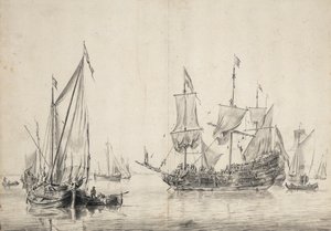 Żaglówki i holenderska fregata susząca żagle. Rysunek i pranie (26x37 cm), William van de Velde l