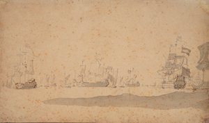 Holenderska flota leżąca, prawdopodobnie w maju 1672 r., ok. 1672 r. (grafit, szare pranie) autorstwa Willem van de the Elder Velde