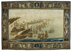 Gobelin Mortlake (dzielnica Londynu, Anglia) przedstawia pożar "Royal James" podczas bitwy pod Solebay, 28 maja.