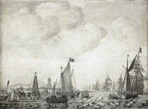 Statki handlowe do Orientu i ich eskorta, opuszczające Vlie (lub Vliestroom), szlak morski między wyspami Vlieland i Treschelling (Holandia), 9 czerwca 1645 r. autorstwa Willem van de the Elder Velde