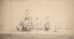 Tromp salutujący w "Oosterwijk", ok. 1664 (grafit, szare pranie) autorstwa Willem van de the Elder Velde