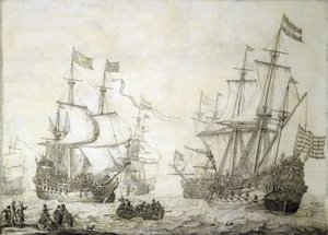 Dwa statki handlowe Holenderskiej Kompanii Wschodnioindyjskiej opuszczające brzeg przy spokojnym wietrze. Grisaille na drewnie autorstwa Willem van de the Elder Velde