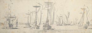 Wizyta Karola II na "Tygrysie" w Woolwich: Jachty na zakręcie rzeki autorstwa Willem van de the Elder Velde