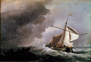 Holenderski statek opuszcza żagle w oczekiwaniu na łódź ratunkową Obraz Willema Van de Velde młodego (1633-1707) 1660 nd. 23,2x33,2 cm Londyn, Galeria Narodowa