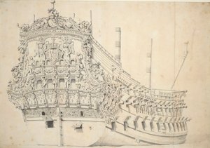 Portret francuskiego dwupokładowca. Zbudowany w Holandii w latach 1666-1667, ok. 1667 (grafit, szare pranie)