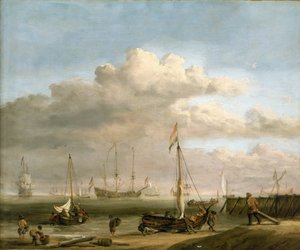 Holenderskie wybrzeże do Marsdiep i Den Helder, z łodziami rybackimi. Olej na płótnie, około 1690 roku, autorstwa Willema van de Velde (1633-1707).