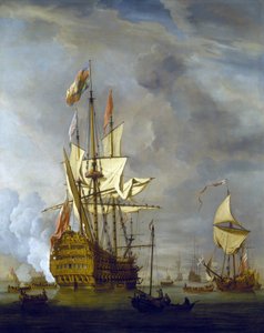 HMS "Royal Sovereign", strzelający z armaty na powitanie portu, w towarzystwie królewskiego jachtu, przy spokojnej pogodzie. Olej na płótnie
