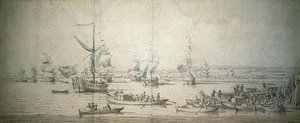 Przybycie Jamesa, księcia Yorku, na królewskim jachcie do Chatham, aby zwodować pierwszorzędny pancernik „The Royal Sovereign”, 30 września 1684 (pióro i atrament oraz szary wash on paper)