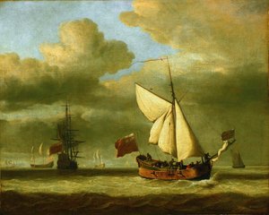 Jacht "Royal Escape", dawniej znany jako "Surprise", na którym Karol II (1630-1685) uciekł do Francji po porażce z Olivierem Cromwellem (1599-1658) w Worcester (Anglia) w 1651 r., pozostaje w tyle za wiatrem.