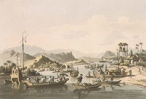 Kočinas – Kinijos laivyba Taifo upe, 15 plokštelė iš Johno Barrowo (1764–1848) „Kelionė į Kočičiną“, išgraviruota Thomaso Medlando (1755–1823) 1806 m. (akvatinta)polis