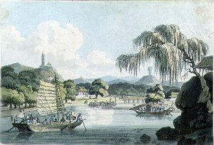 Widok we wschodniej części Parku Cesarskiego w Gehol, tablica 4 z „Podróże po Chinach” Johna Barrowa, ryt. Thomas Medland (1755-1823) 1804 (akwatinta)
