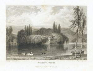 Virginia Water, jezioro Surrey (Anglia), niedaleko Windsoru, widok na chiński pawilon otoczony drzewami na wyspie pośrodku jeziora. Rycina autorstwa J. Lewisa według Williama Daniella (1769-1837).