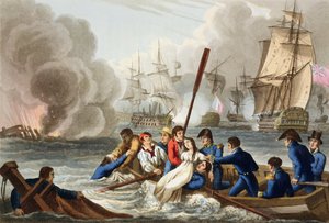 Anegdota w bitwie pod Trafalgarem, rytowana przez Matthew Dubourga (fl.1813-20) z „Anegdoty historyczne, wojskowe i morskie”, wyd. Edward Orme (1774-c.1820) 1817 (akwatinta)