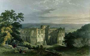 Opactwo Rievaulx w dolinie Rye, z „The Monastic Ruins of Yorkshire”, grawerowane przez George