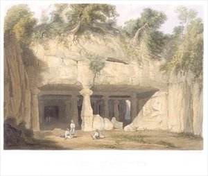 Zewnętrzna część Wielkiej Świątyni Jaskiniowej Elephanta, niedaleko Bombaju, w 1803 r., z tomu II „Sceneria, kostiumy i architektura Indii”, grawerowana przez S.G. Hughesa, wyd. autorstwa Smith, Elder and Company autorstwa William (after) Westall